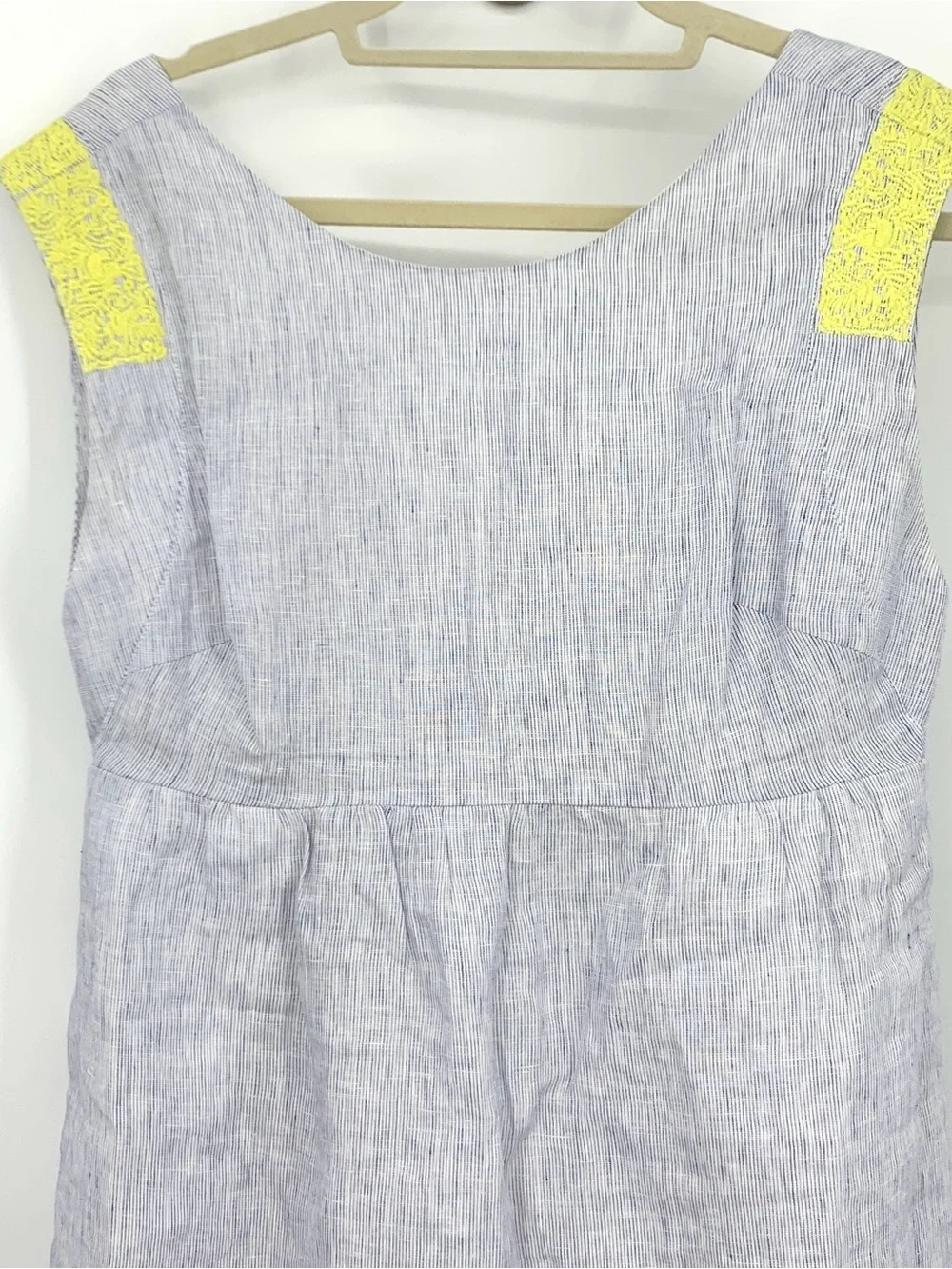 J Crew Women Size 8 Medium Dress Blue White Stripe Yellow Embroidery Tank Linen